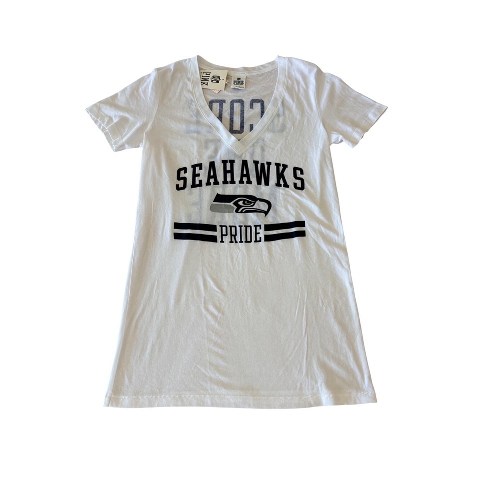 PINK NFL Seattle Seahawks Tee Women L White NWT Gameday V-Neck Graphic T-Shirt
